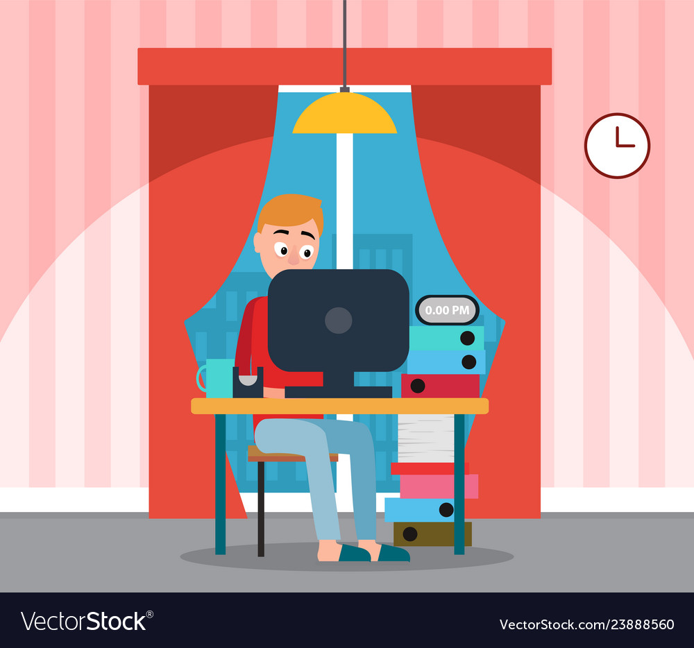 Freelancer Mann Coder arbeitet an Computer zu Hause vector image Freelancer Mann Coder arbeitet an Computer zu Hause