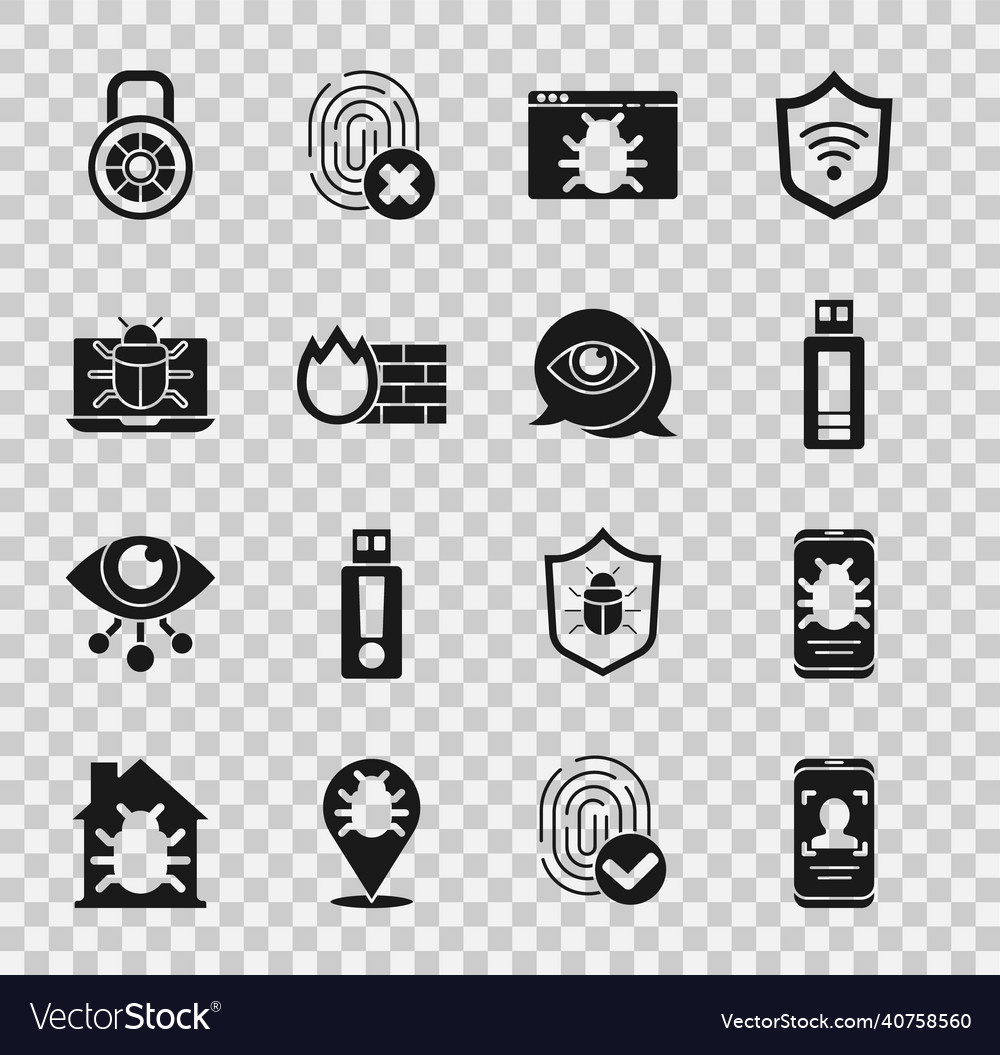 Set mobile and face recognition system bug vector image Set mobile and face recognition system bug