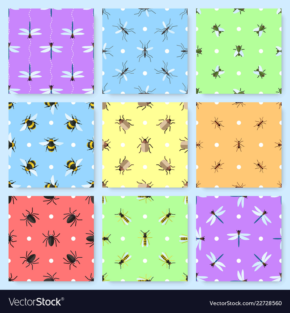 Set of 9 seamless patterns with different insects vector image Set of 9 seamless patterns with different insects