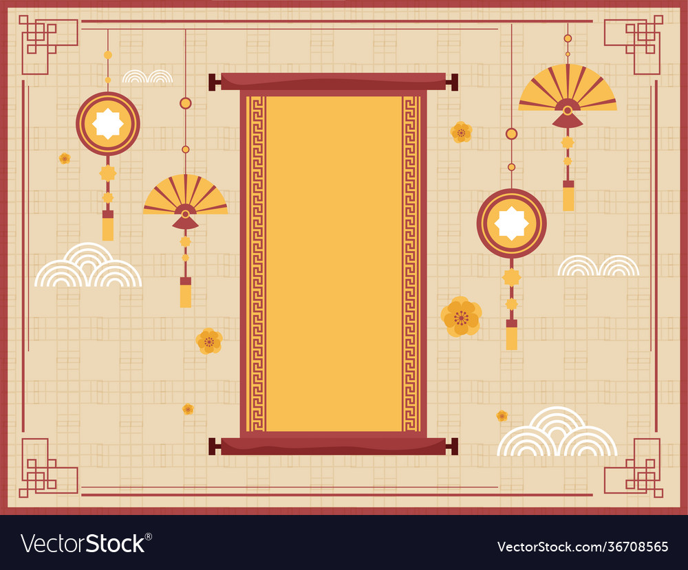 Empty scroll paper with hanging chinese ornaments