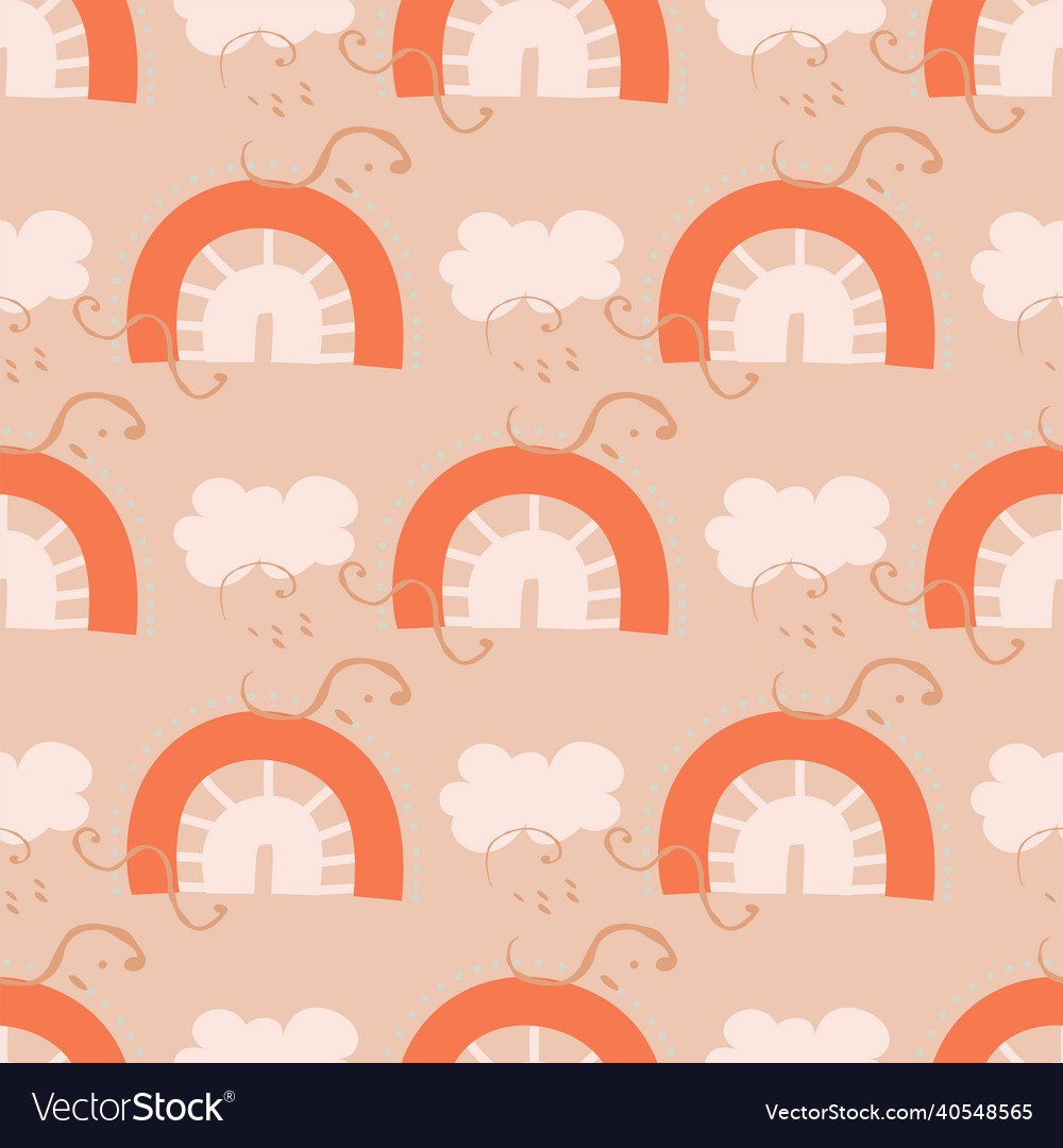 Seamless pattern with rainbows clouds and stars