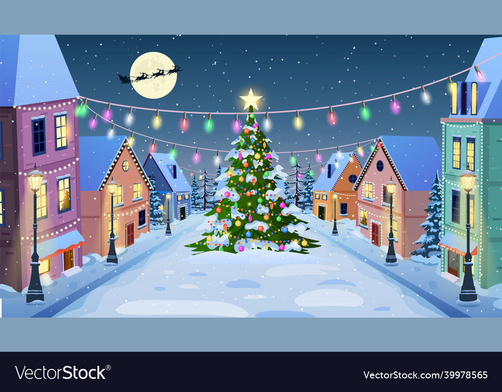 Winter city street in cartoon Royalty Free Vector Image