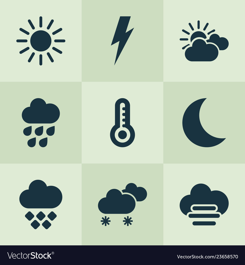 Air icons set with night sunset thunderstorm