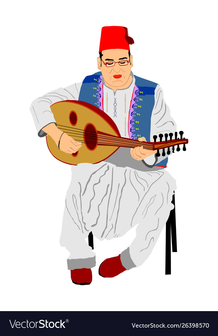 Arab man play oud lute or mandola music instrument