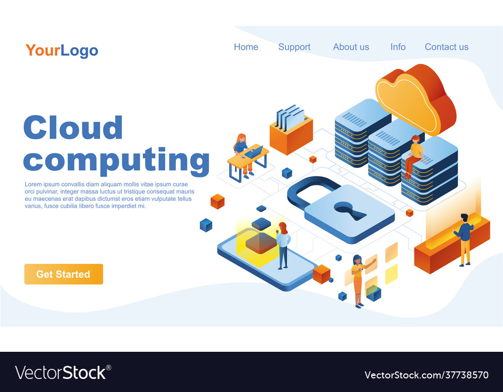 Cloud computing isometric landing page template vector image Cloud computing isometric landing page template