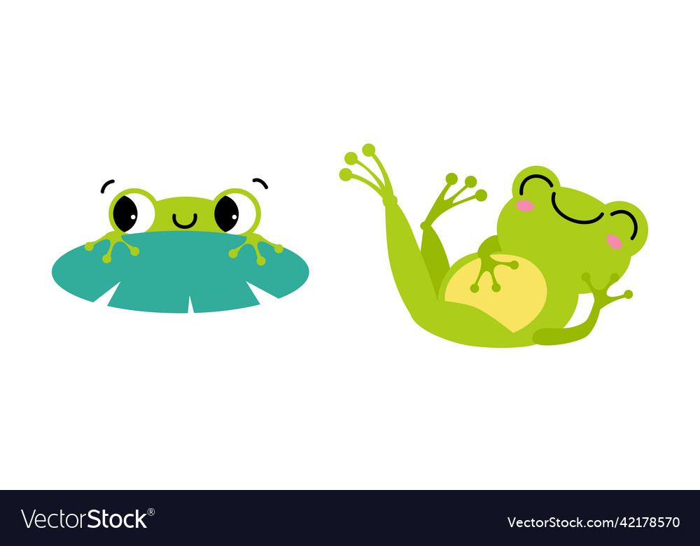 Cute little green baby frog swimming and lying set