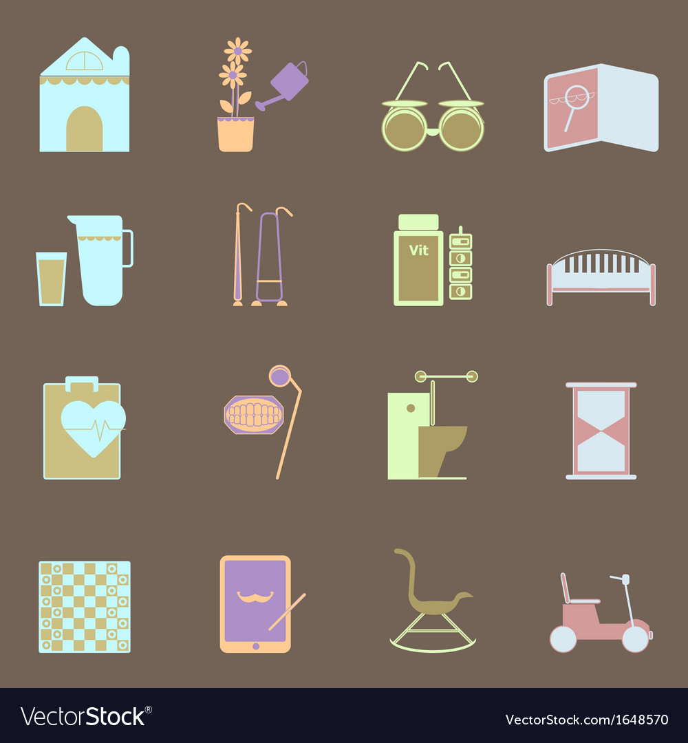 Elderly related colorful icons set