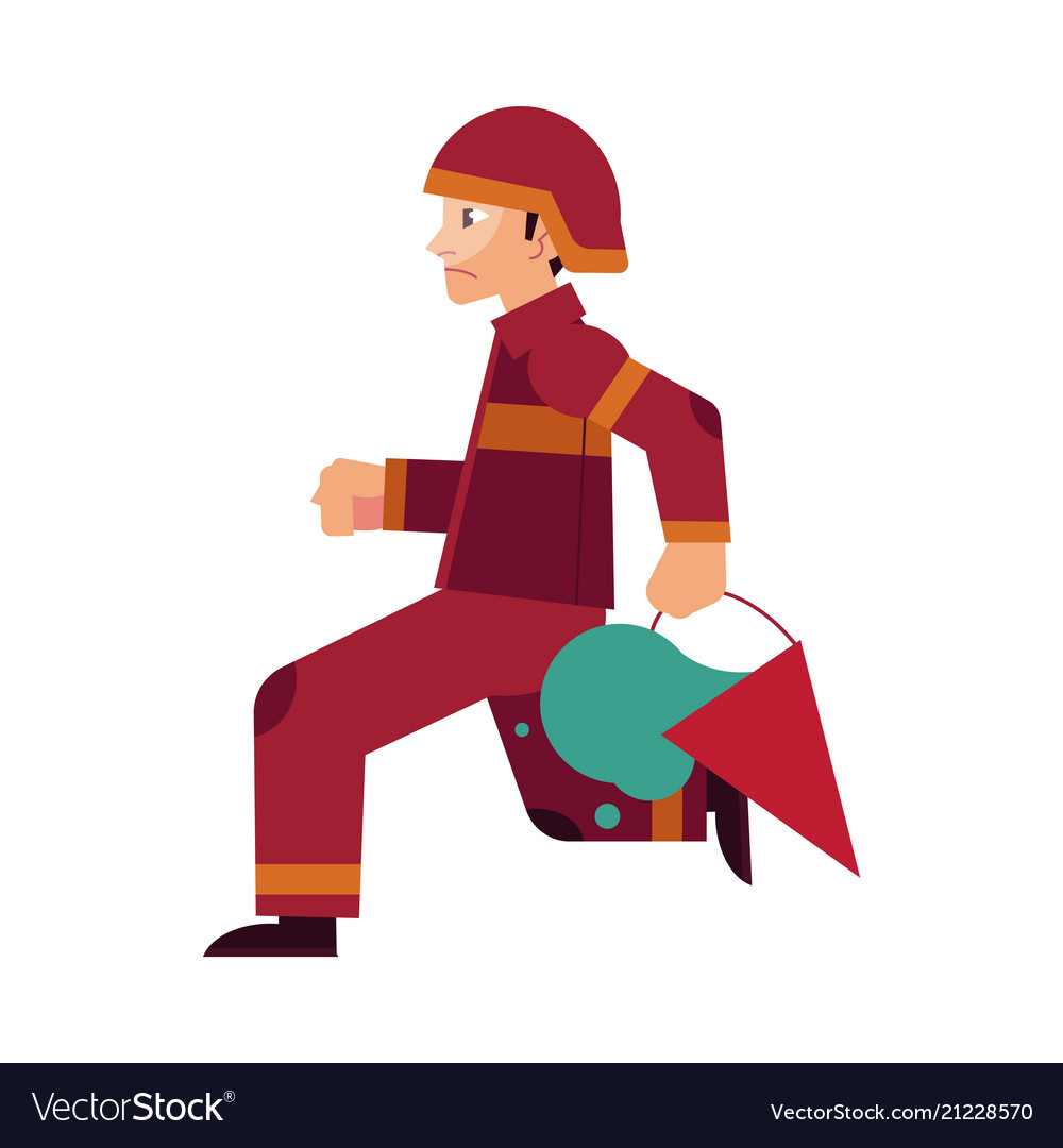 Fireman in red protective uniform and helmet runs