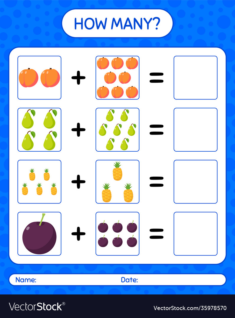 How many counting game with fruit worksheet vector image How many counting game with fruit worksheet