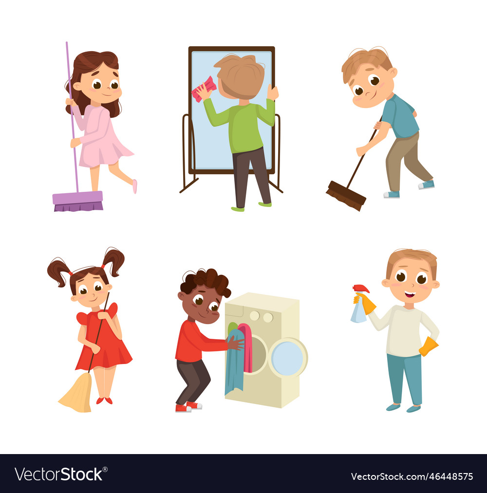 Little big-eyed boy and girl engaged in domestic Vector Image