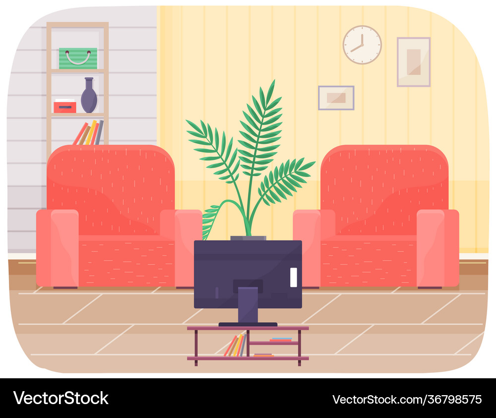 Living room interior design with two red armchairs