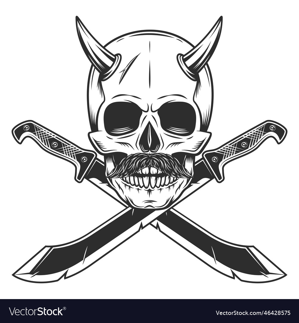 Skull with horn and mustache with machete sword Vector Image