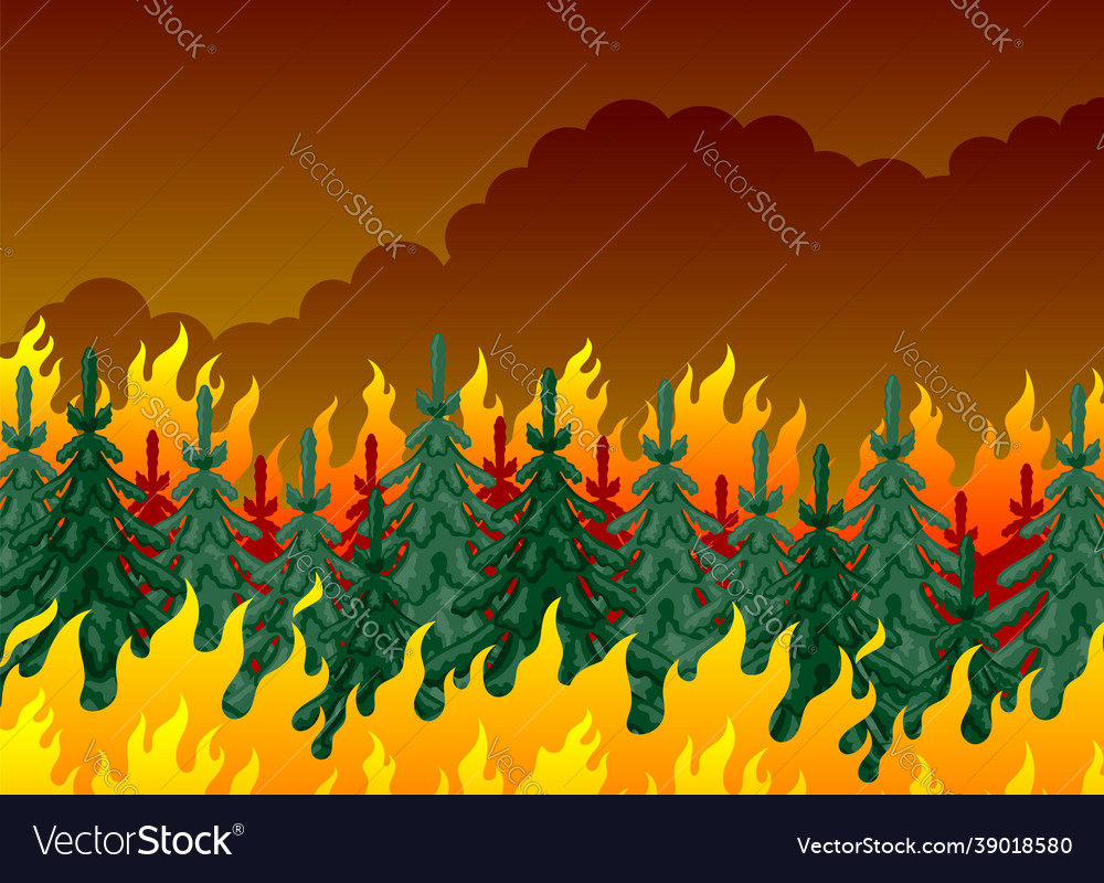 Fire and trees on a red sky background