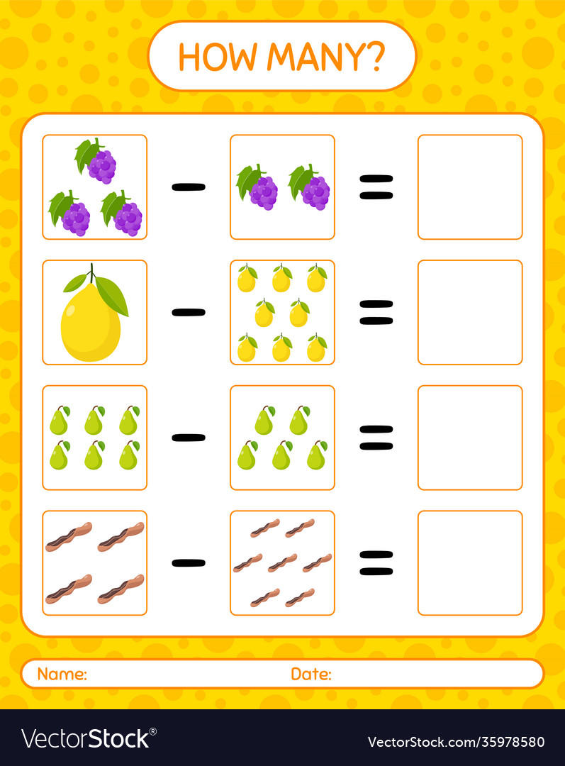 How many counting game with fruit worksheet vector image How many counting game with fruit worksheet