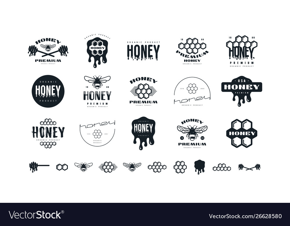 Set honey labels badges and design elements vector image Set honey labels badges and design elements
