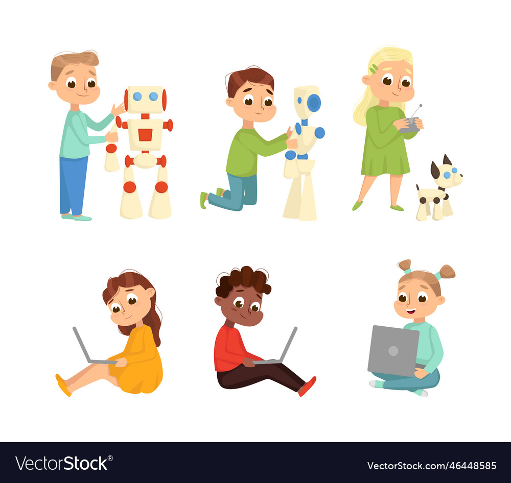 Cute little kid programming and creating smart vector image Cute little kid programming and creating smart
