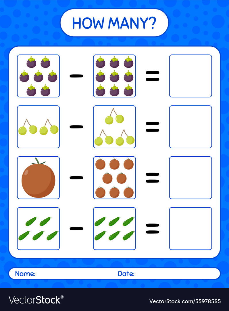How many counting game with fruit worksheet vector image How many counting game with fruit worksheet