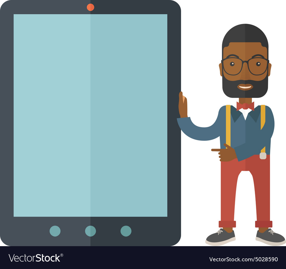 Black businessman holding a big screen tablet