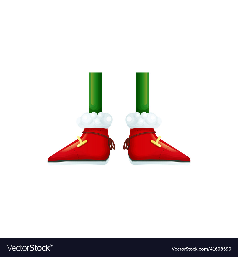 Legs of santa helper green stocking and fur shoes vector image Legs of santa helper green stocking and fur shoes