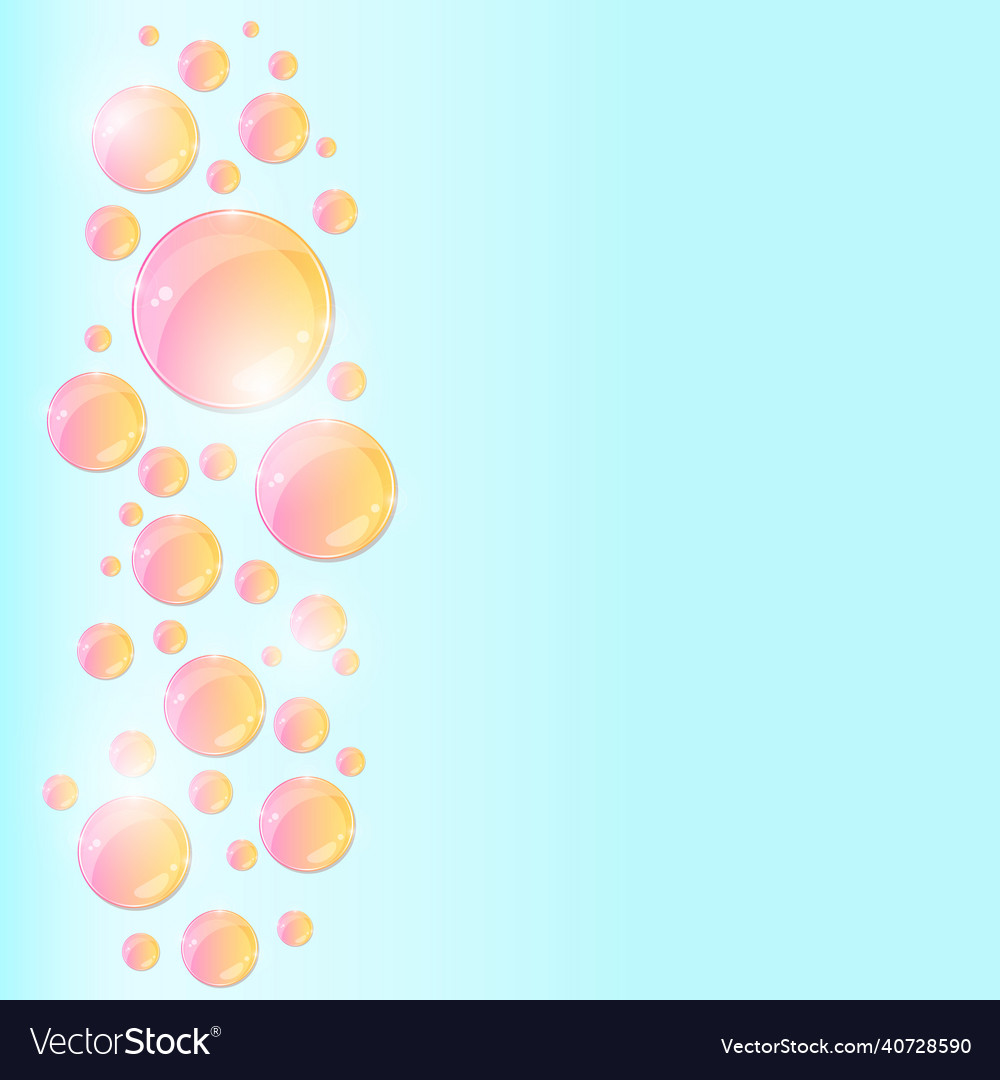 Pink round shiny bubbles on light blue background