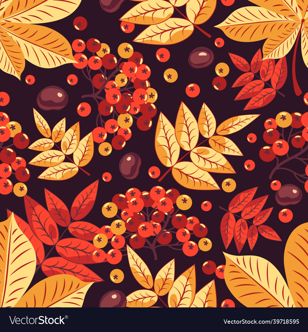 Autumn seamless pattern of red rowan berries