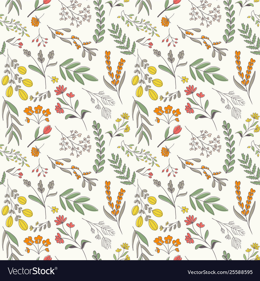 Colorful flowers and foliage scattered on white ba vector image Colorful flowers and foliage scattered on white ba