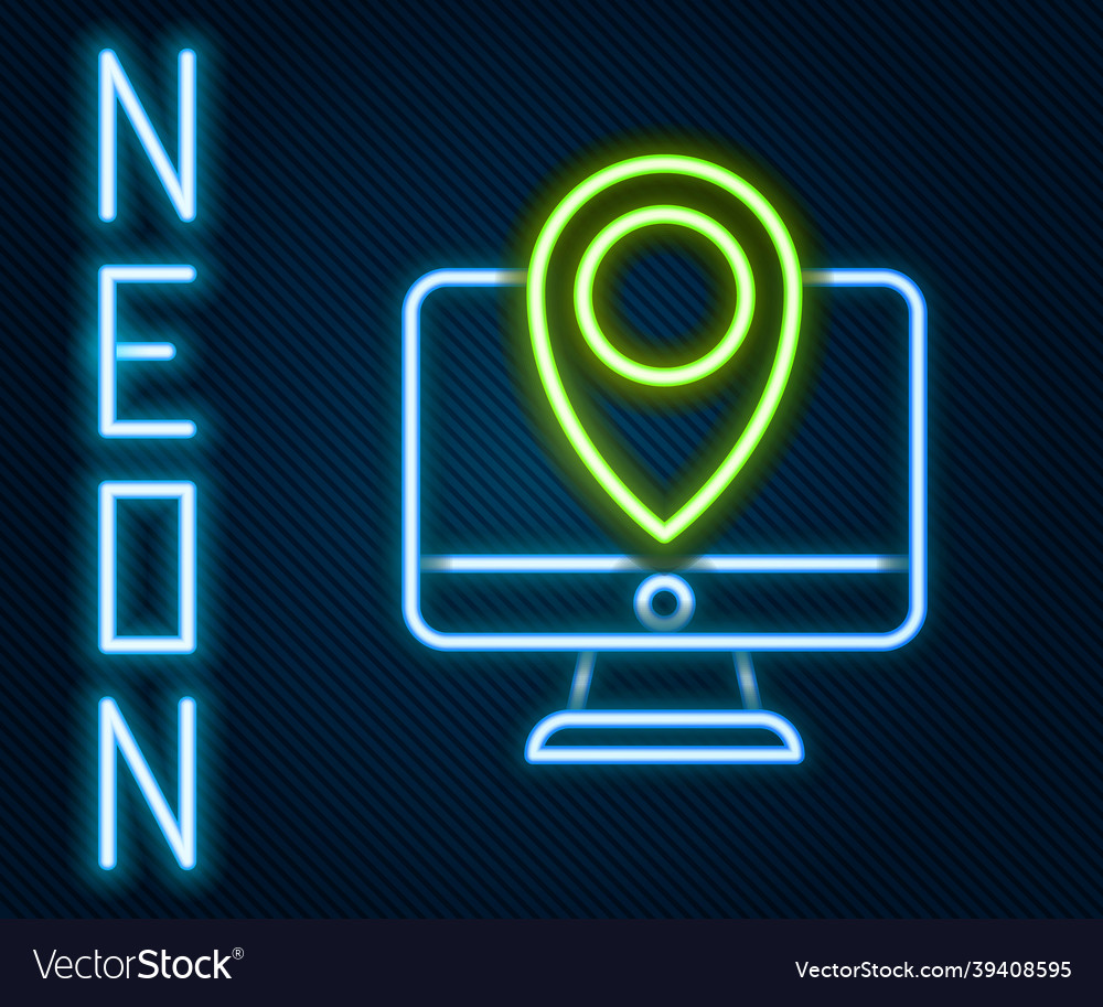 Glowing neon line computer monitor and folded map vector image Glowing neon line computer monitor and folded map