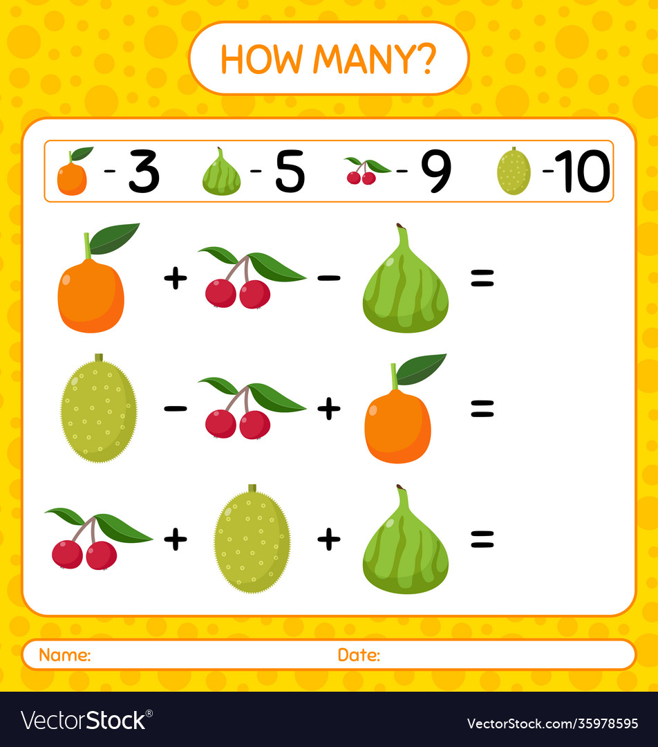 How many counting game with fruit worksheet vector image How many counting game with fruit worksheet