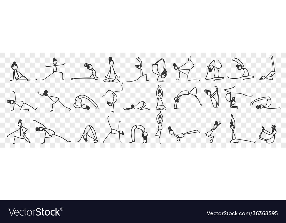 Practicing yoga and pilates doodle set