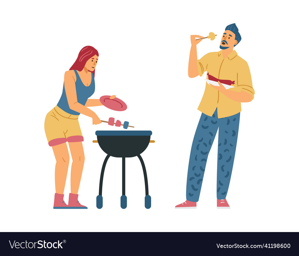 Couple of man and woman entertain at barbecue Vector Image