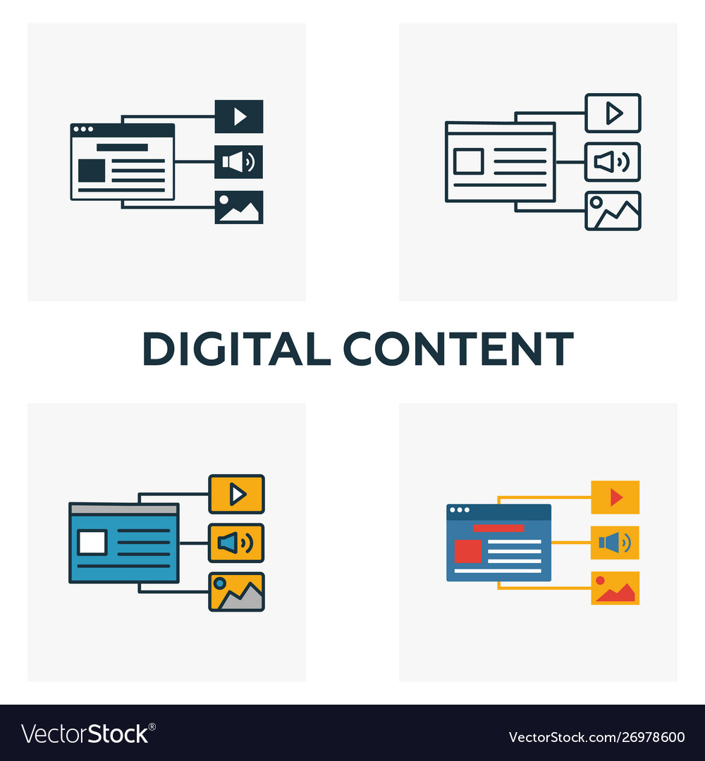 Digital content icon set four elements