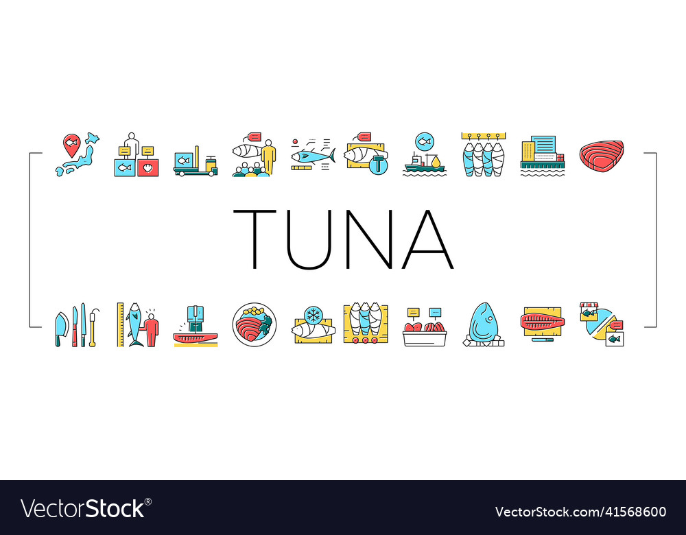 Tuna auction tsukiji market collection icons set