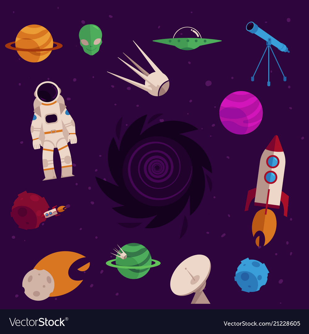 Flat space cosmos objects icon set