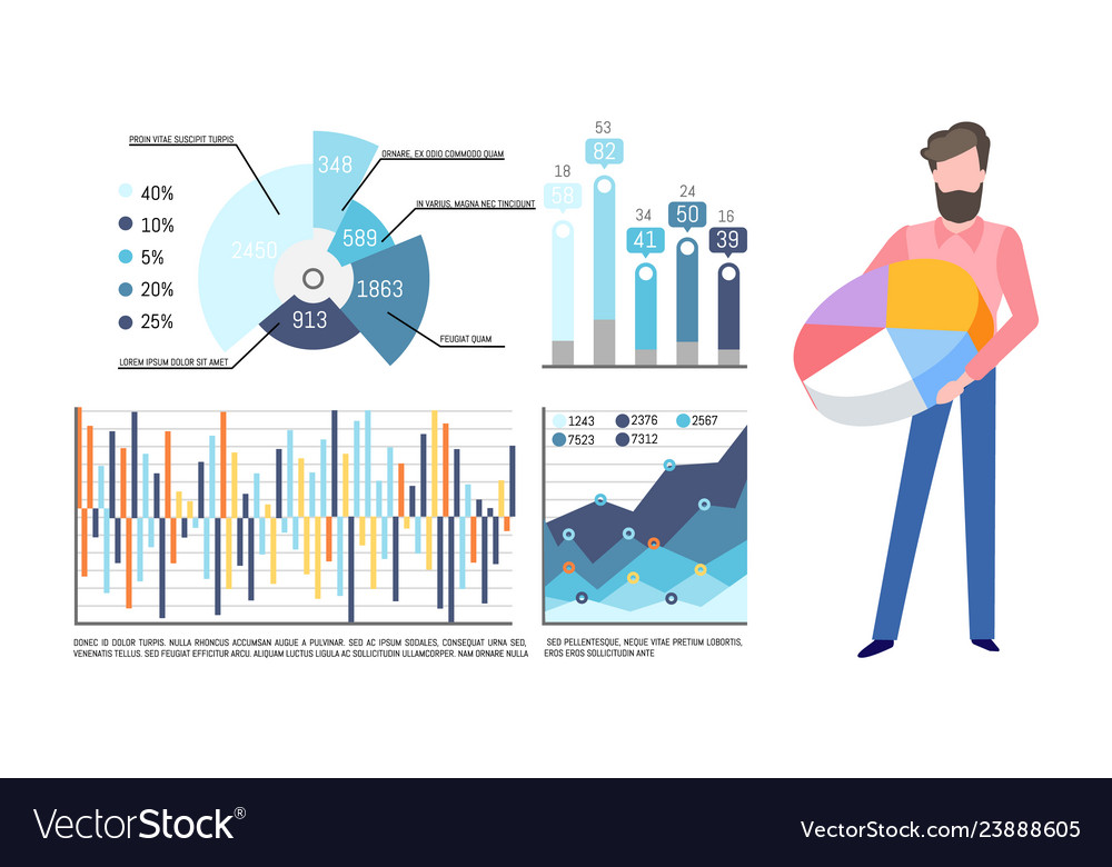 Pie diagram in hands of man infographics set