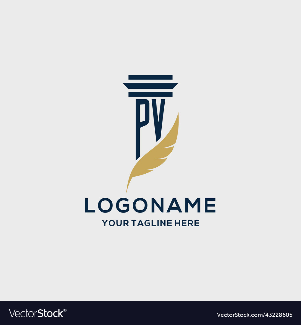 Pv monogram initial logo with pillar and feather