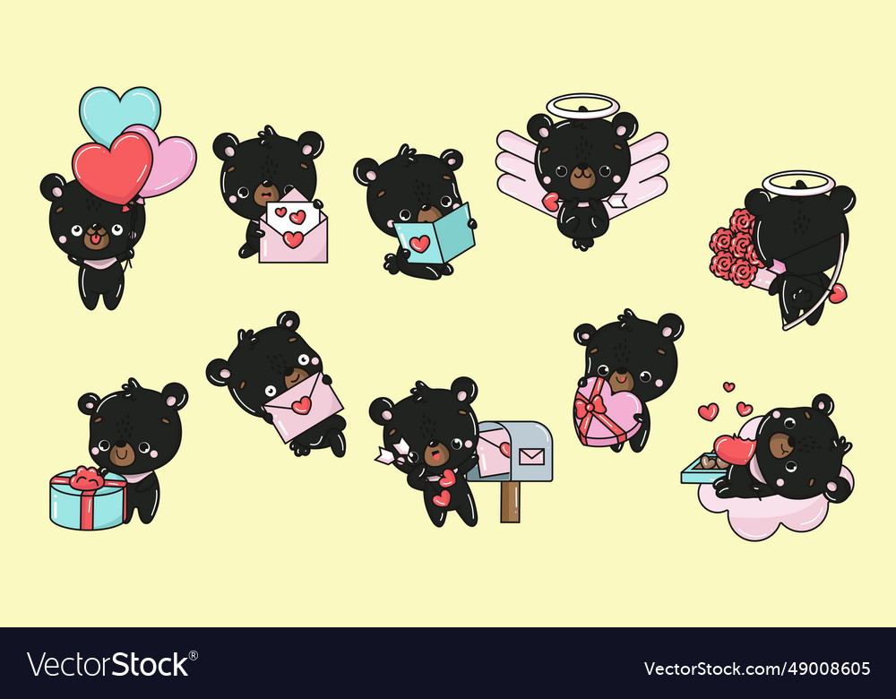 Set of cartoon kawaii bear in love