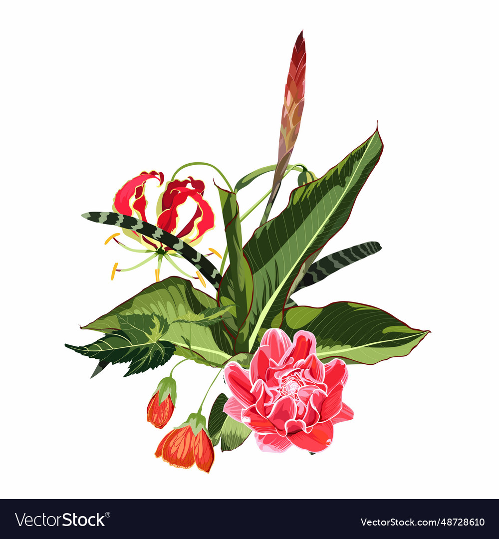 Flower frame element with red exotic flowers