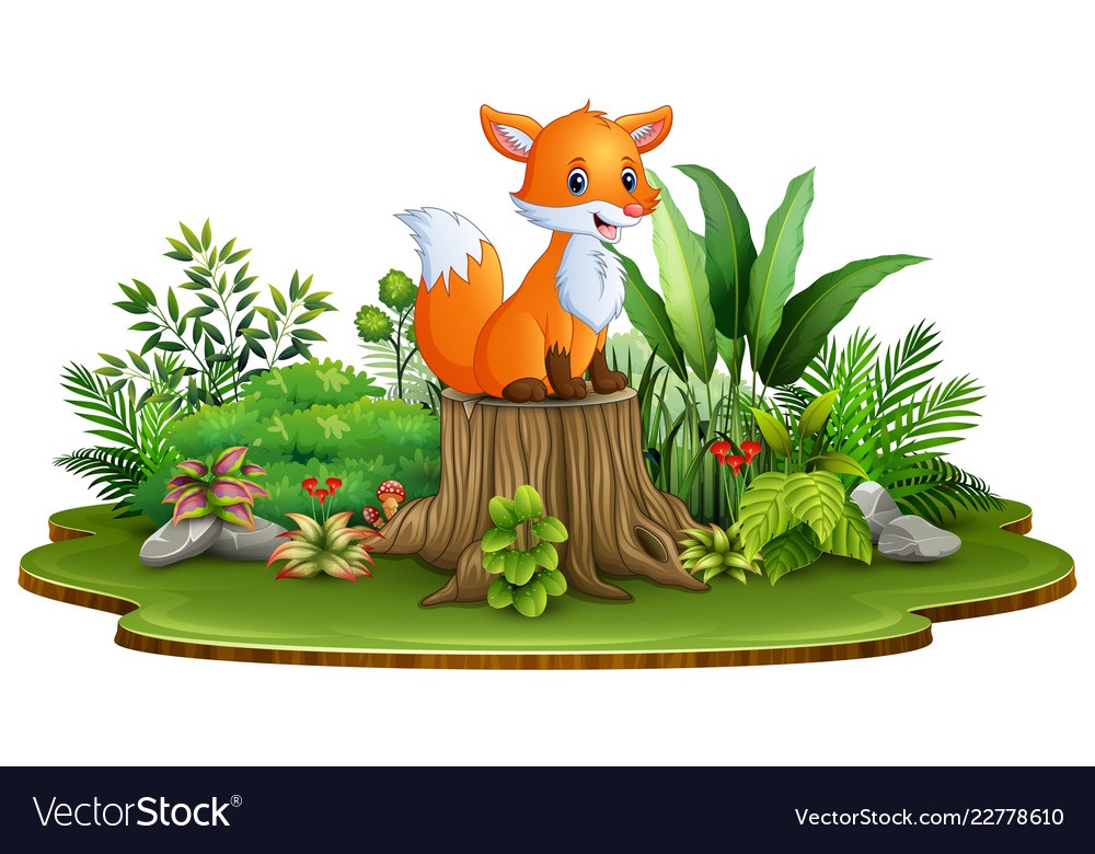 Happy Cartoon Fox on Stump