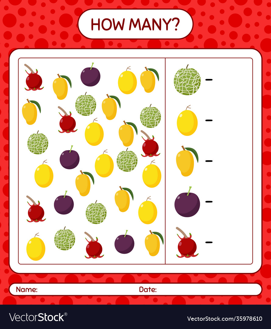How many counting game with fruit worksheet vector image How many counting game with fruit worksheet