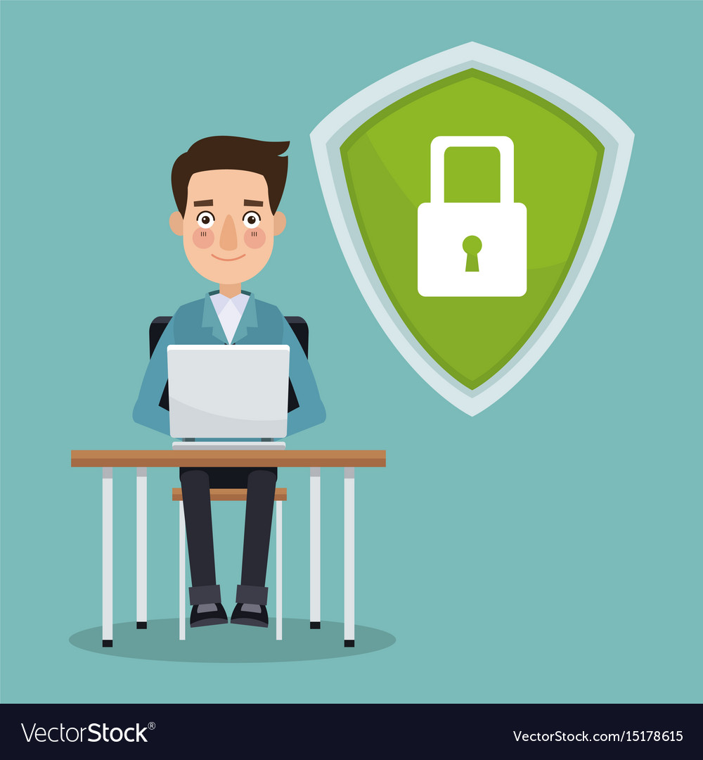Man Working on Laptop with Security Shield
