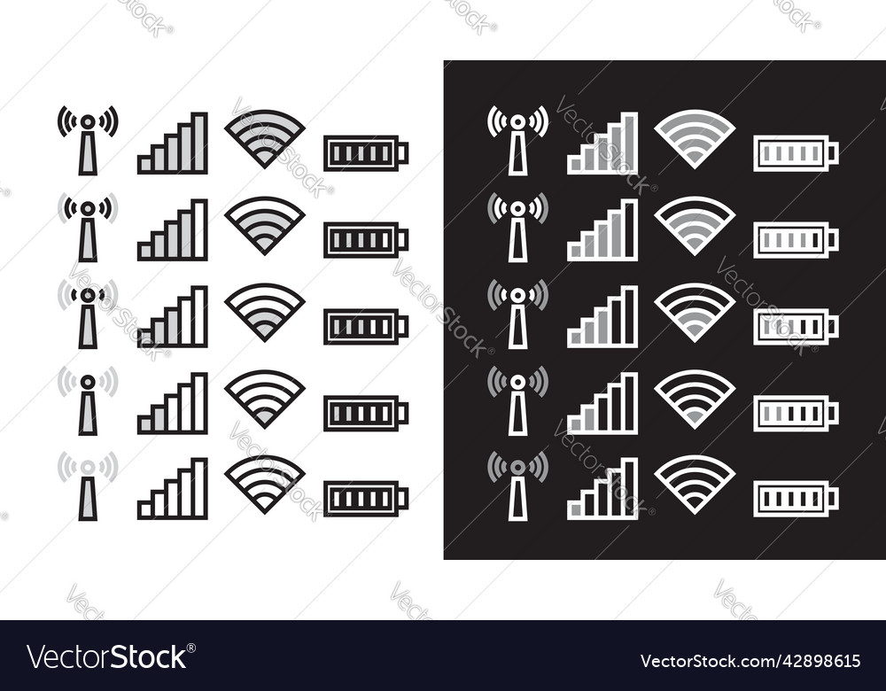 Wifi network battery level mobile phone icons set vector image Wifi network battery level mobile phone icons set
