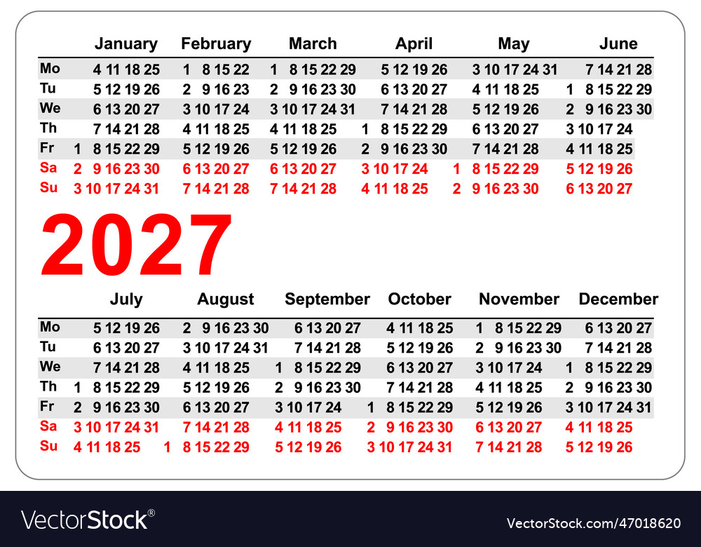 2027 simple horizontal pocket calendar grid