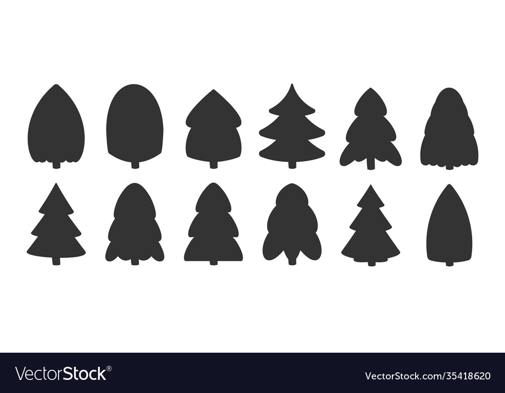 Black silhouette christmas forest tree set