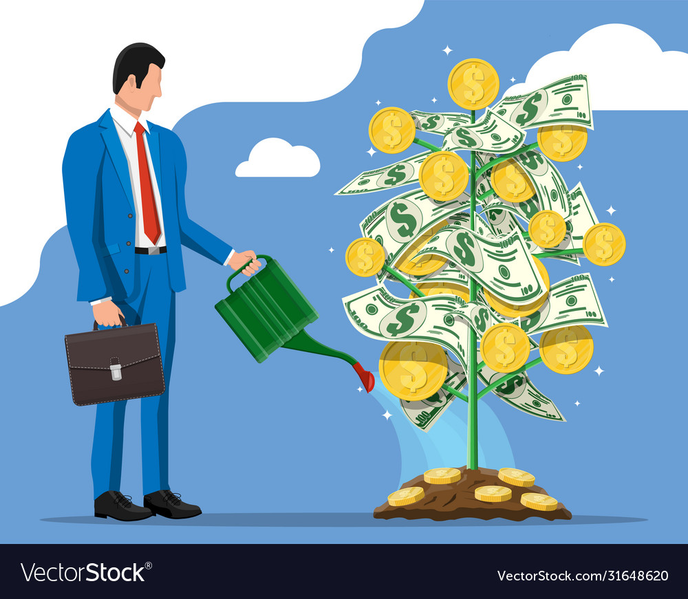 Businessman Watering Money Coin Tree With Can Vector Image