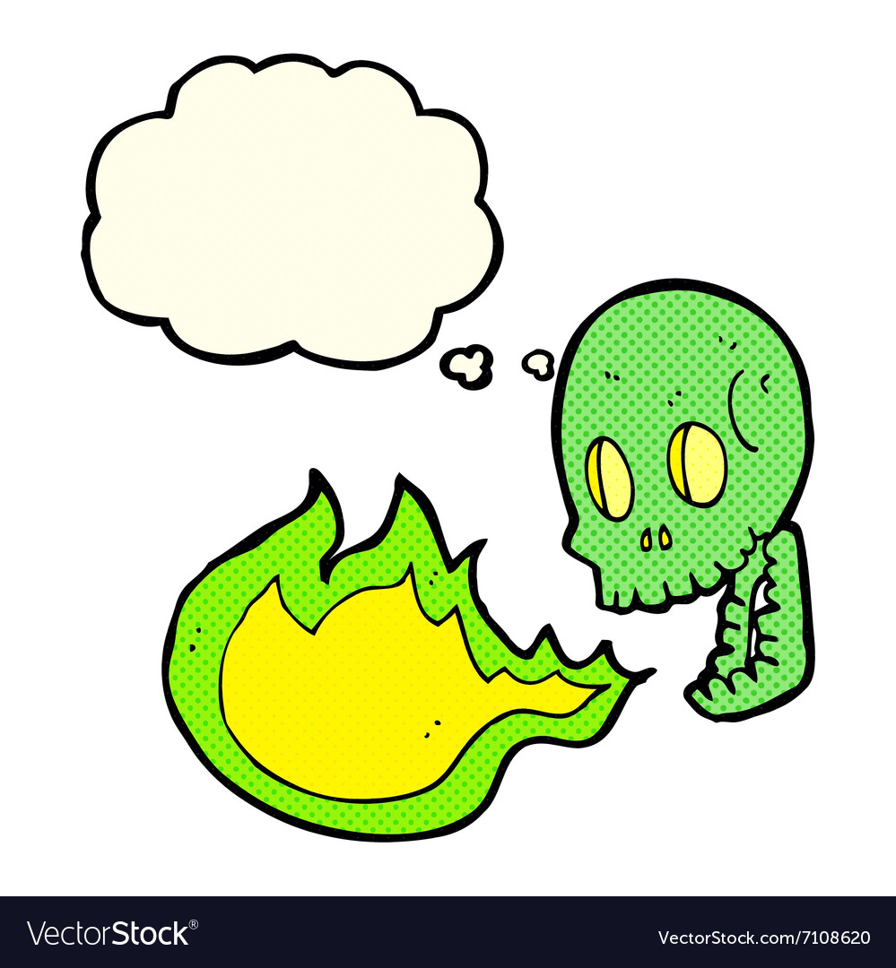 Cartoon fire breathing skull with thought bubble Vector Image