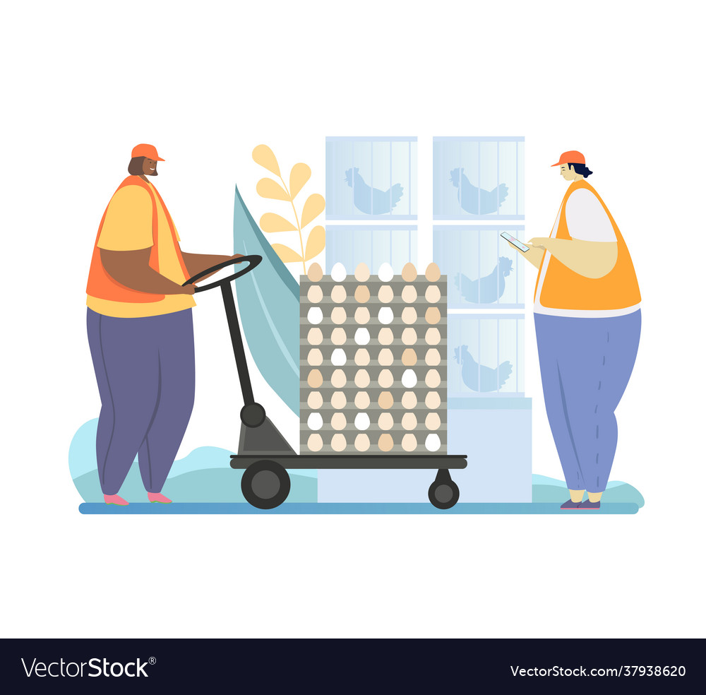 Chicken egg poultry farm man and woman move pallet