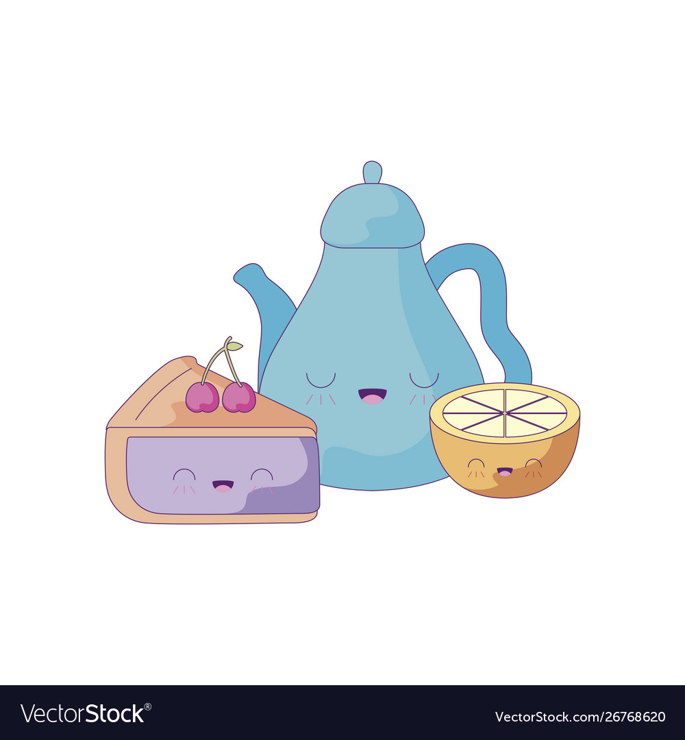 Cute teapot with sliced cake and orange kawaii