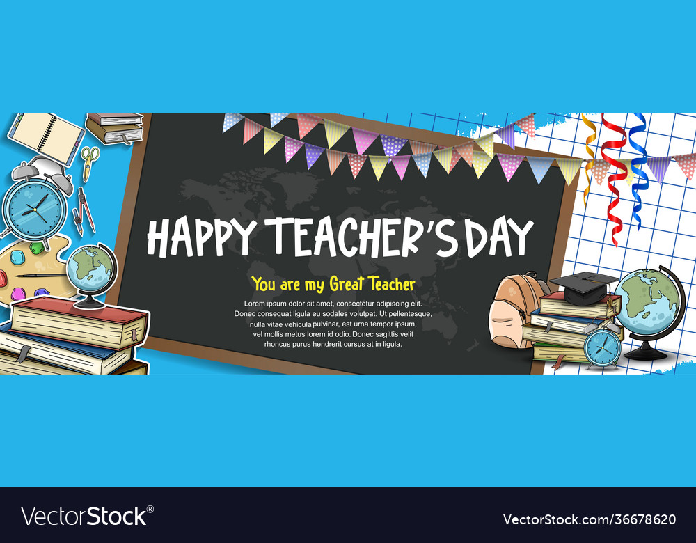 Happy Teacher Day With School Equipment Element Vector Image