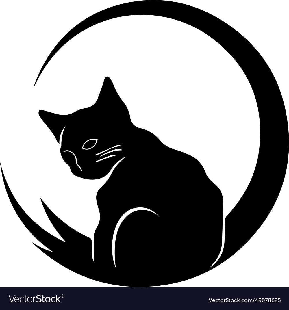 Cat and moon logo in flat line art style