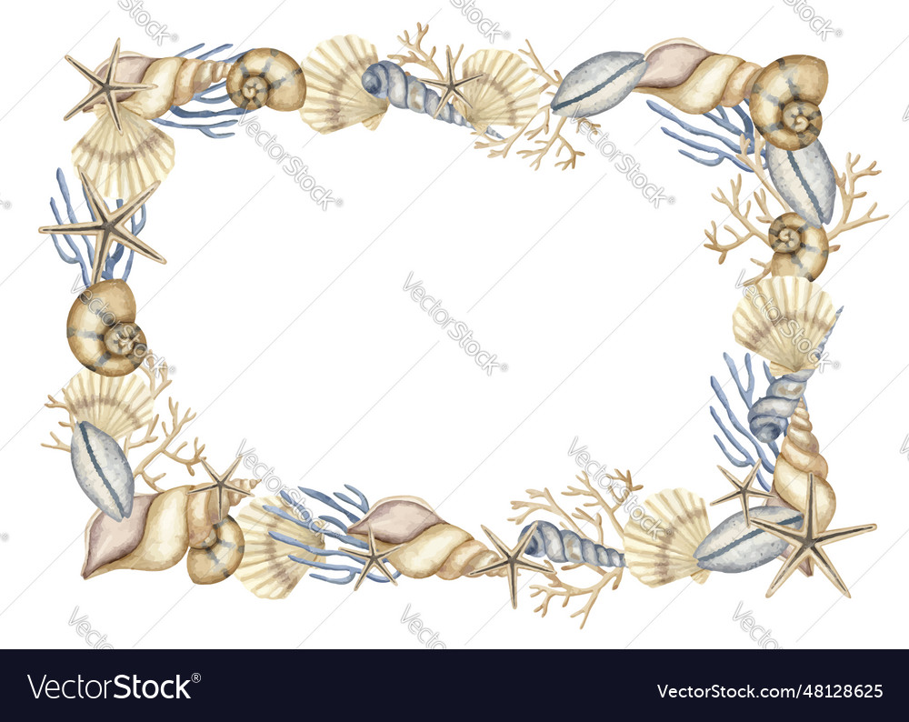 Seashell rectangular frame hand drawn watercolor Vector Image